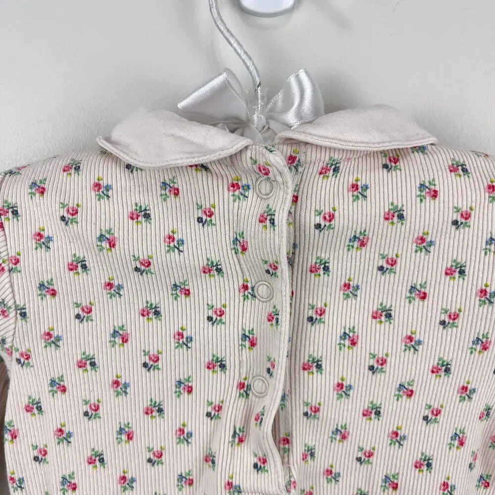 Mini Boden Long Sleeve Floral Peter Pan Collar Ribbed Bodysuit 3-6 Months